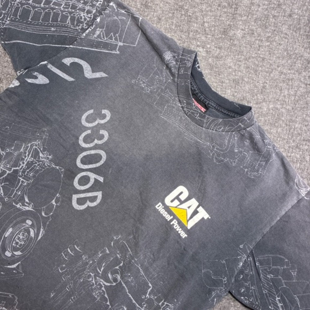 Vintage Holoubek CAT Caterpillar Diesel Power‎ Shirt Men Large Engine Blueprint